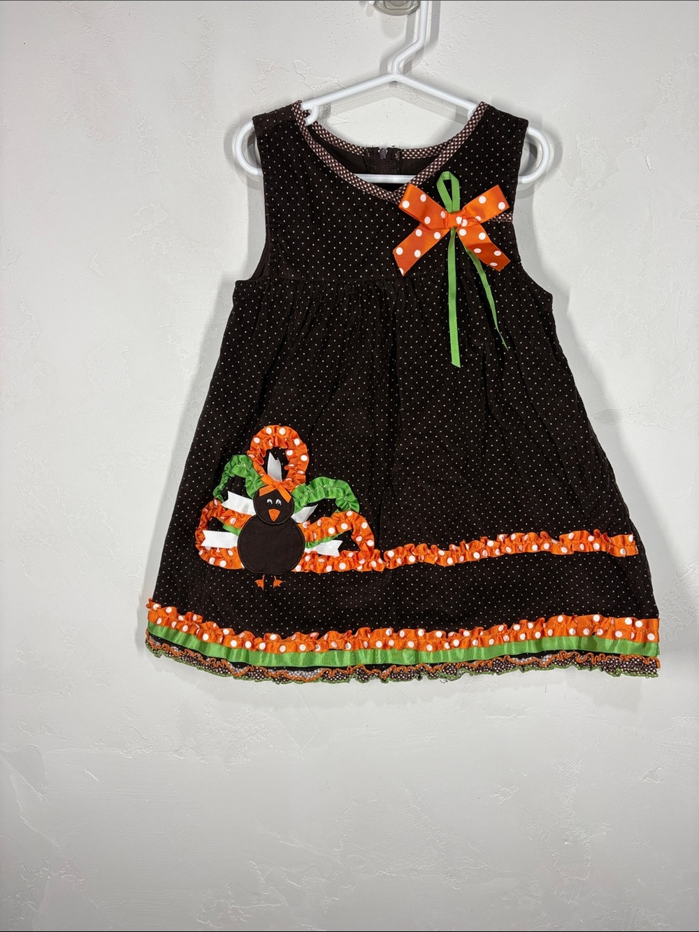 Bonnie Jean Brown Corduroy Polka Dot Turkey Appliqué Dress size 5